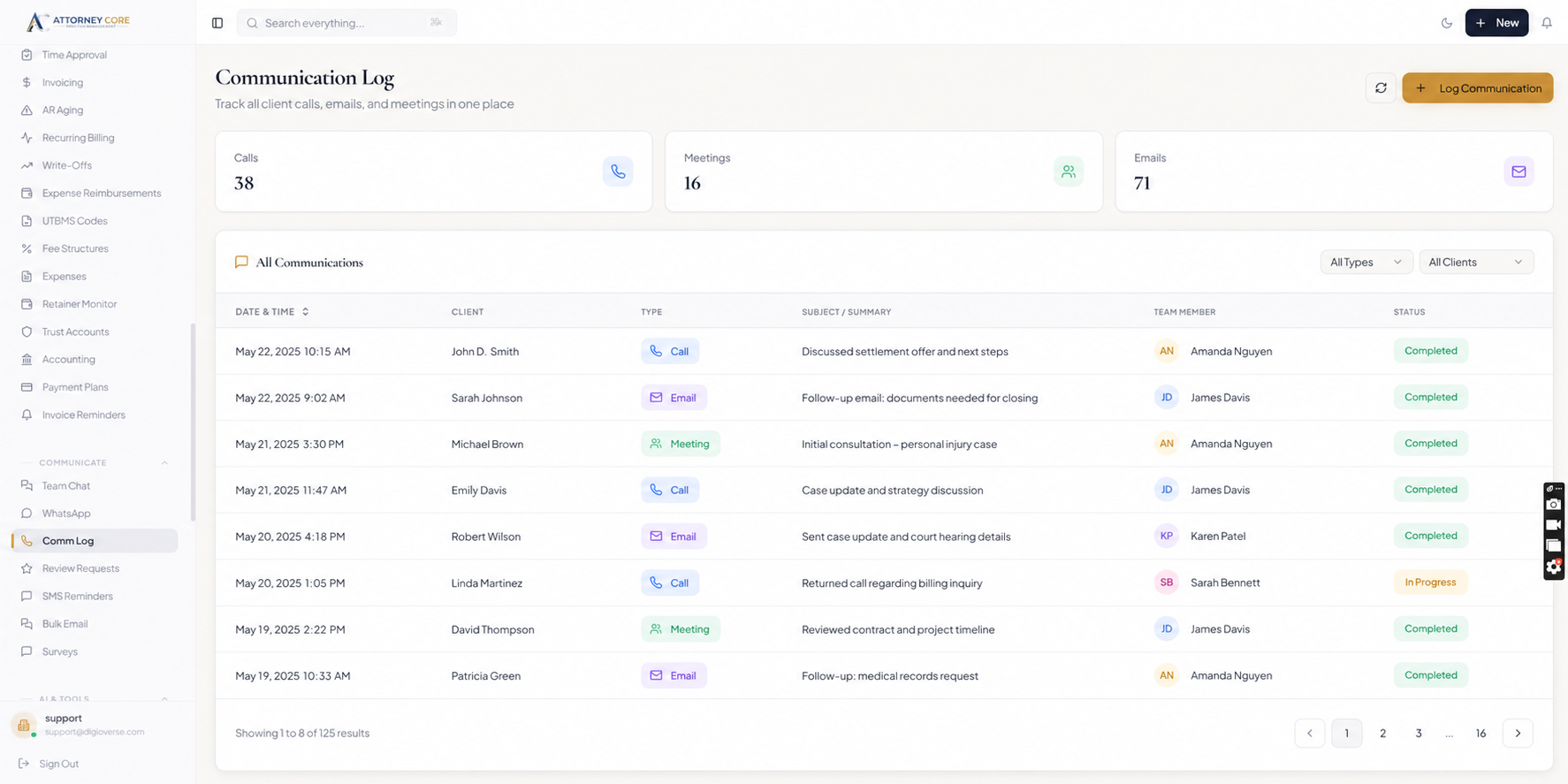 Attorney Core communication log dashboard used to compare client portal and matter communication workflows with MyCase